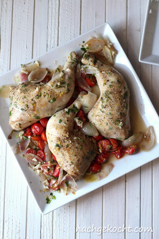 Hähnchen mit Estragon, Tomaten und Zitrone